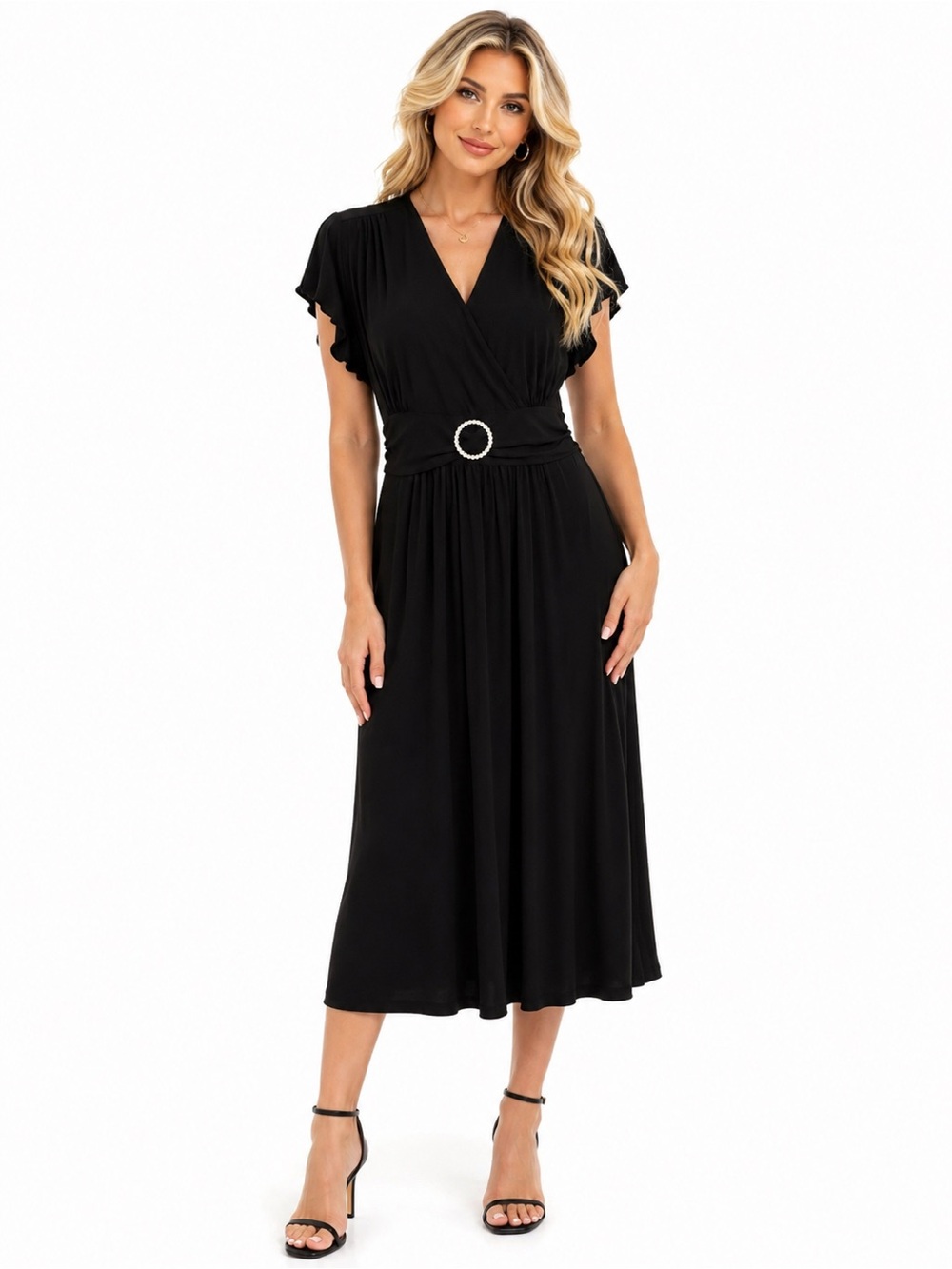Periwinkle Womenβs Size 14W Black Midi Dress Rhinestone Buckle Flutter Sleeve